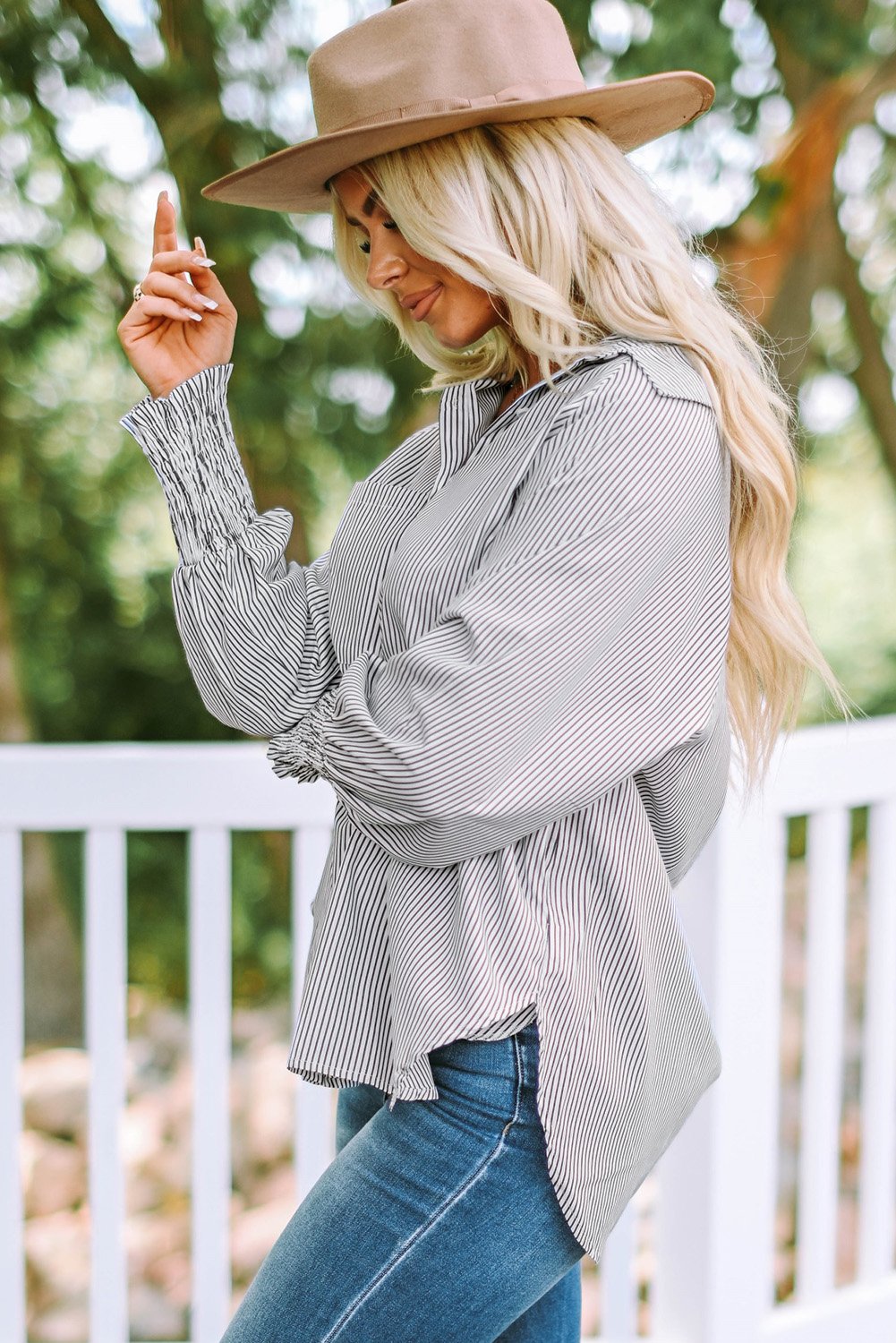 🔥Mid-length smocked shirt with striped lapel and oversized drawdown sleeves