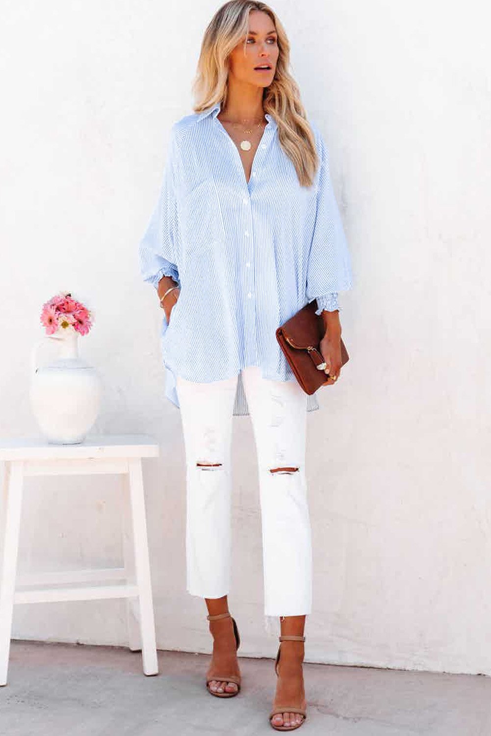 🔥Mid-length smocked shirt with striped lapel and oversized drawdown sleeves