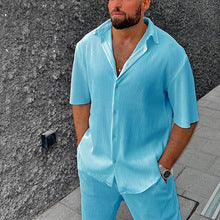 Men's White Textured Short Sleeve Shirt Casual Two-piece Set