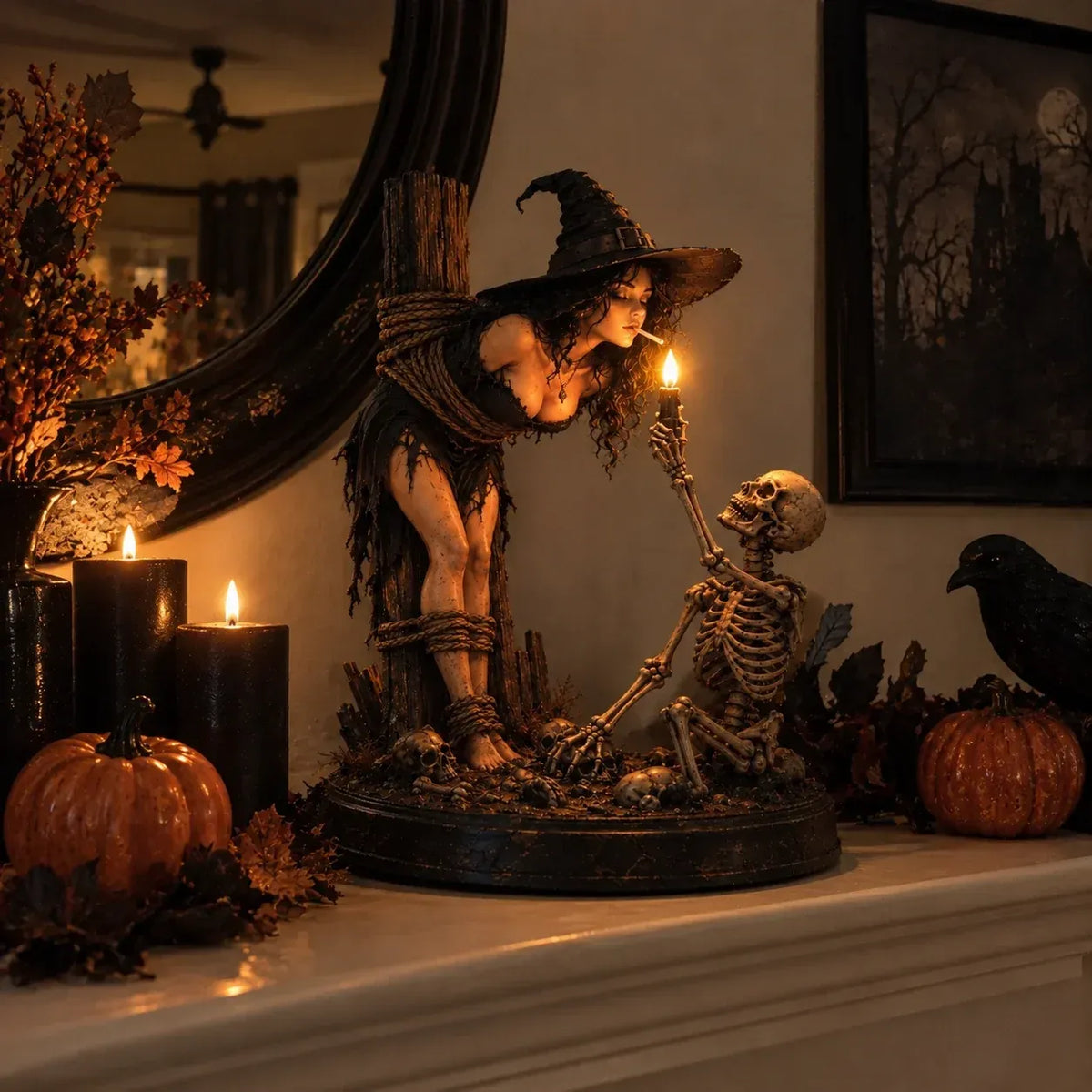 🧙 🔥Witch & Skeleton Candle Scene Figurine – Dark Gothic Halloween Tabletop Decor(✨Buy 2 Free Shipping)