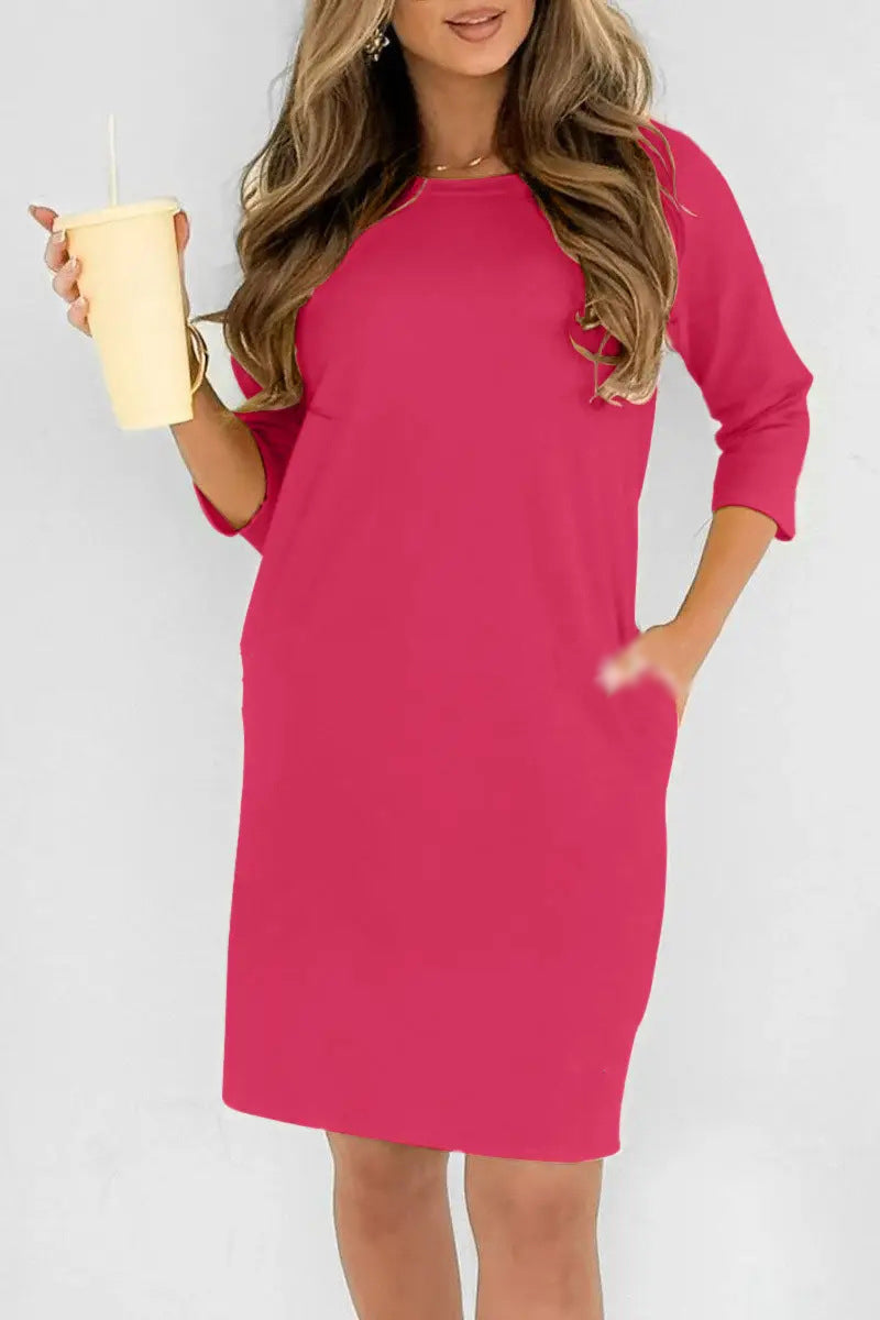 Round Neck 3/4 Sleeve Dress with Pockets