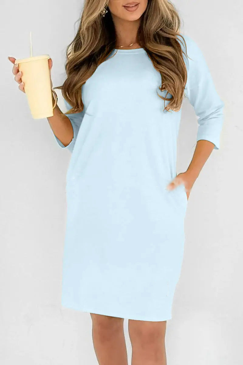 Round Neck 3/4 Sleeve Dress with Pockets