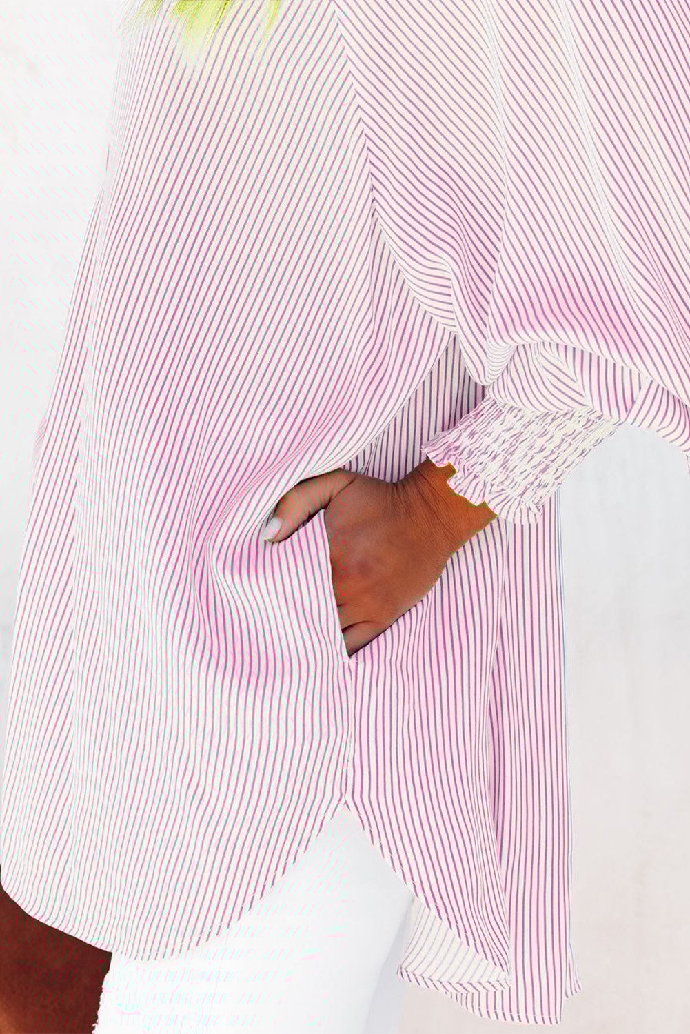 🔥Mid-length smocked shirt with striped lapel and oversized drawdown sleeves