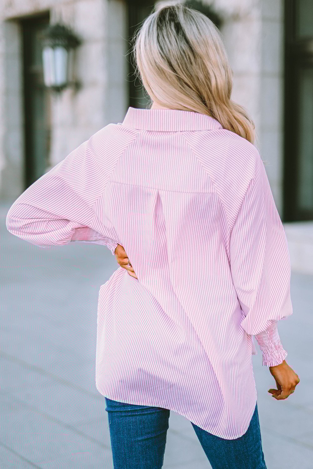🔥Mid-length smocked shirt with striped lapel and oversized drawdown sleeves