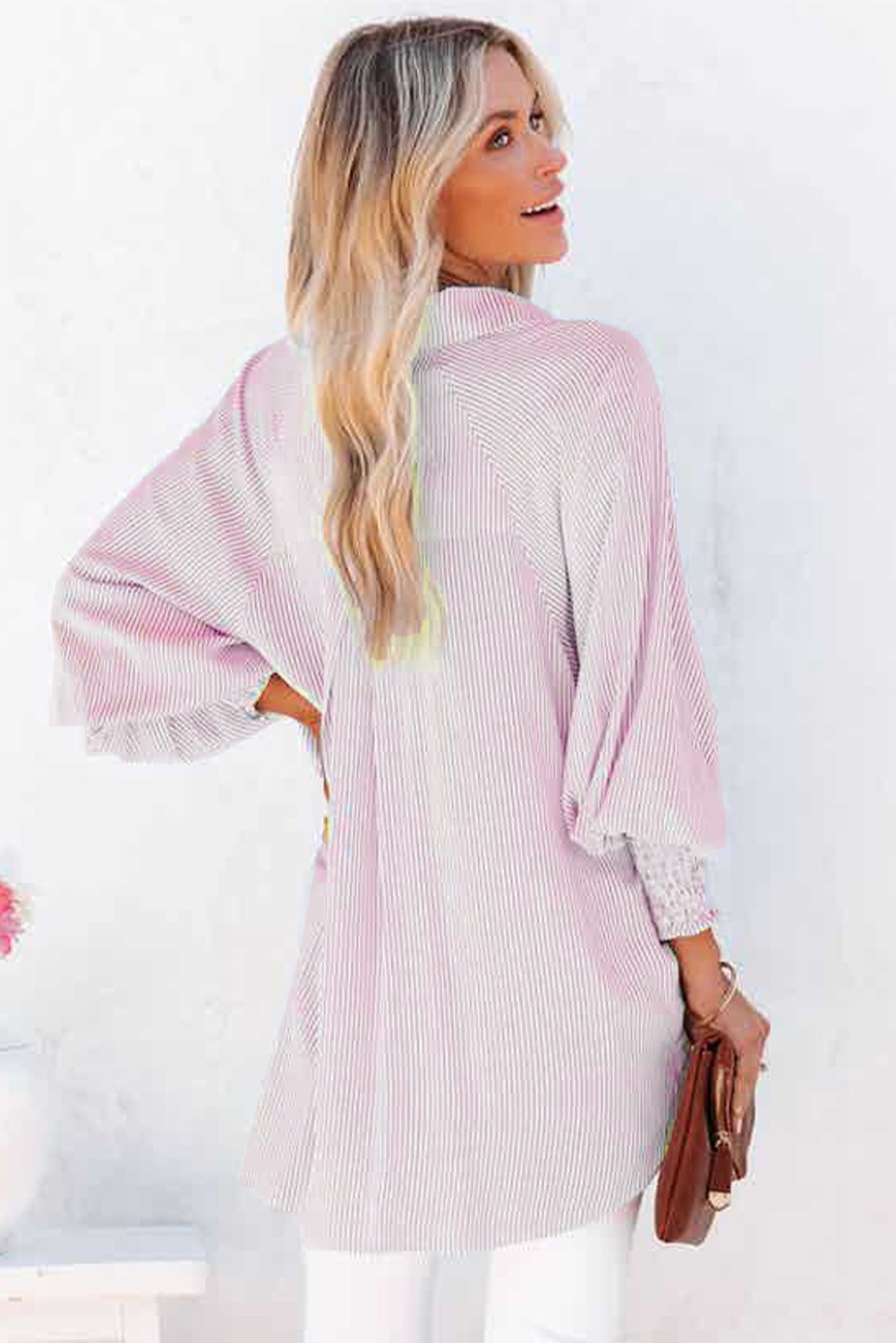 🔥Mid-length smocked shirt with striped lapel and oversized drawdown sleeves