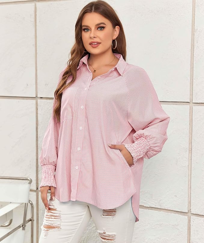 🔥Mid-length smocked shirt with striped lapel and oversized drawdown sleeves