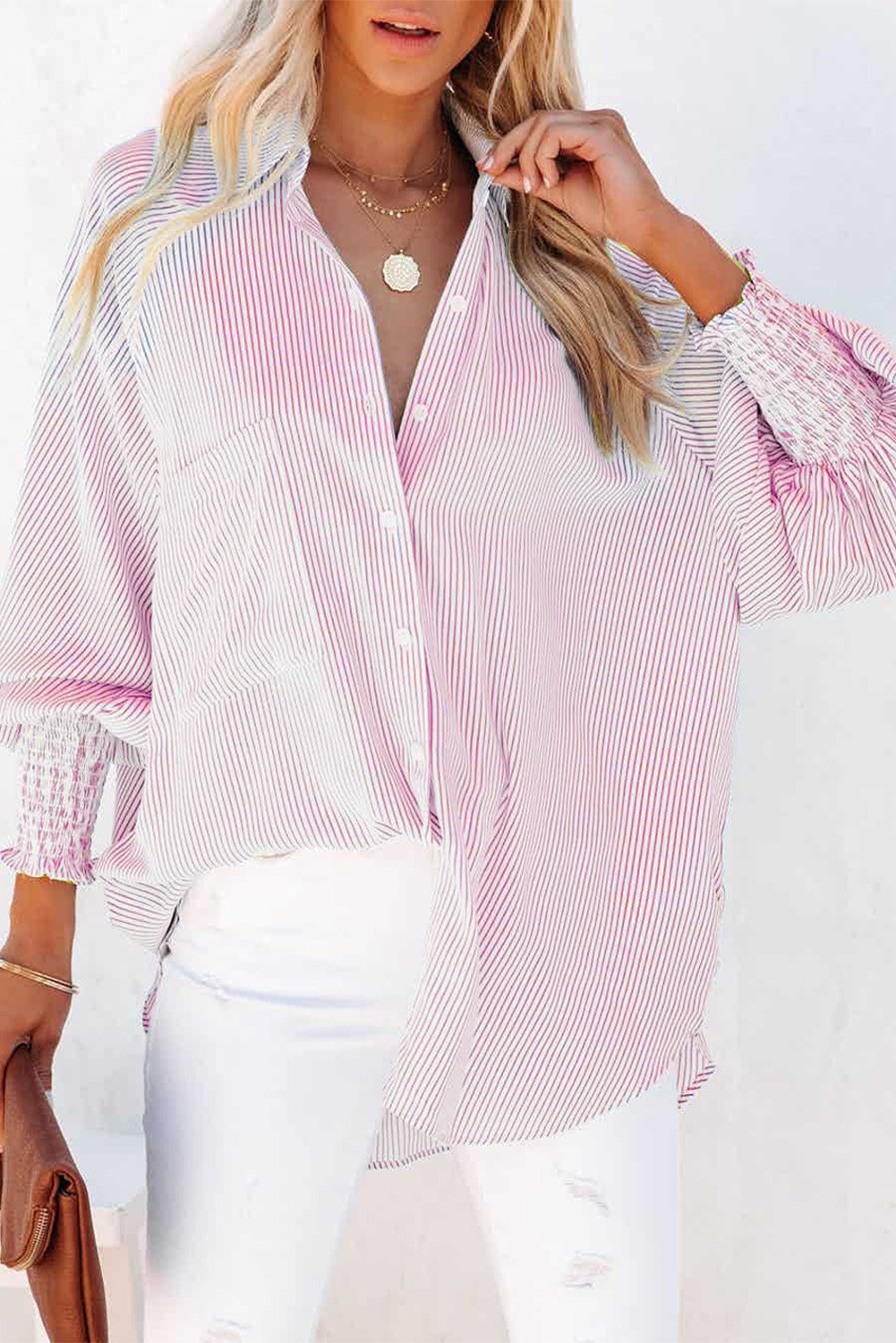 🔥Mid-length smocked shirt with striped lapel and oversized drawdown sleeves