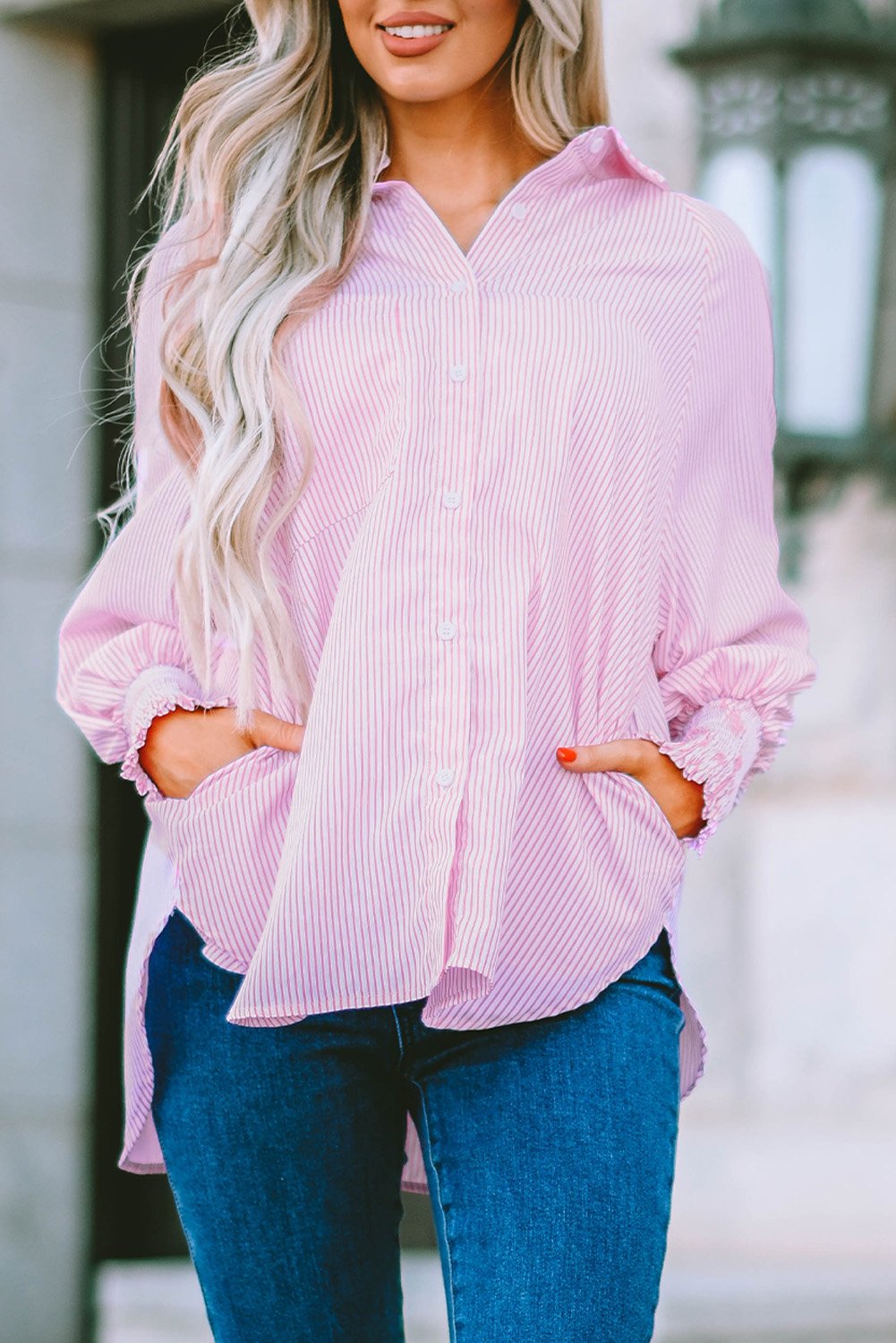 🔥Mid-length smocked shirt with striped lapel and oversized drawdown sleeves