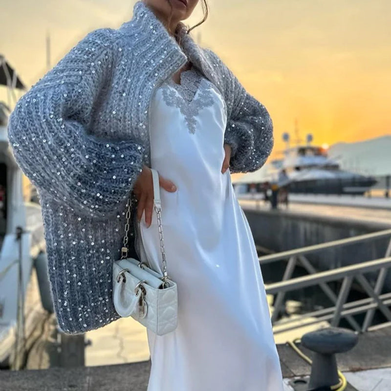 Christmas Promotion-Knitted sweater jacket with solid color sequins
