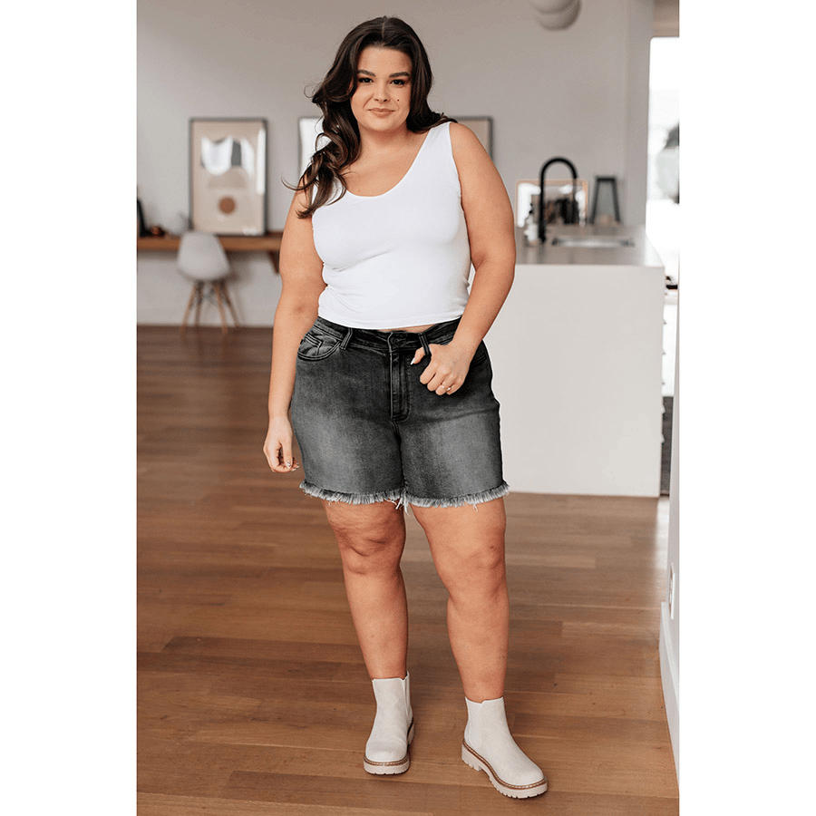 High Rise Frayed Hem Cut Off Dad Shorts