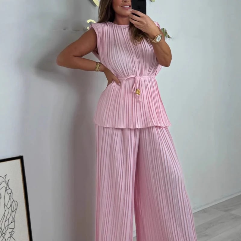 ⏰Women's Sleeveless Belted Top & Long Pants Set