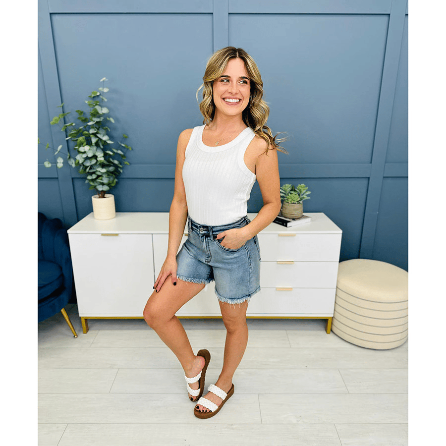 High Rise Frayed Hem Cut Off Dad Shorts