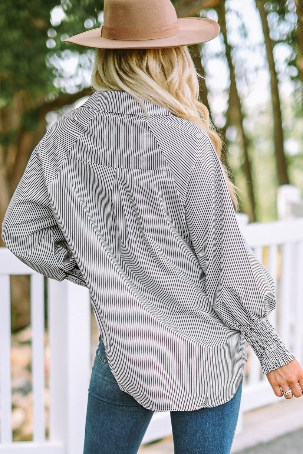 🔥Mid-length smocked shirt with striped lapel and oversized drawdown sleeves