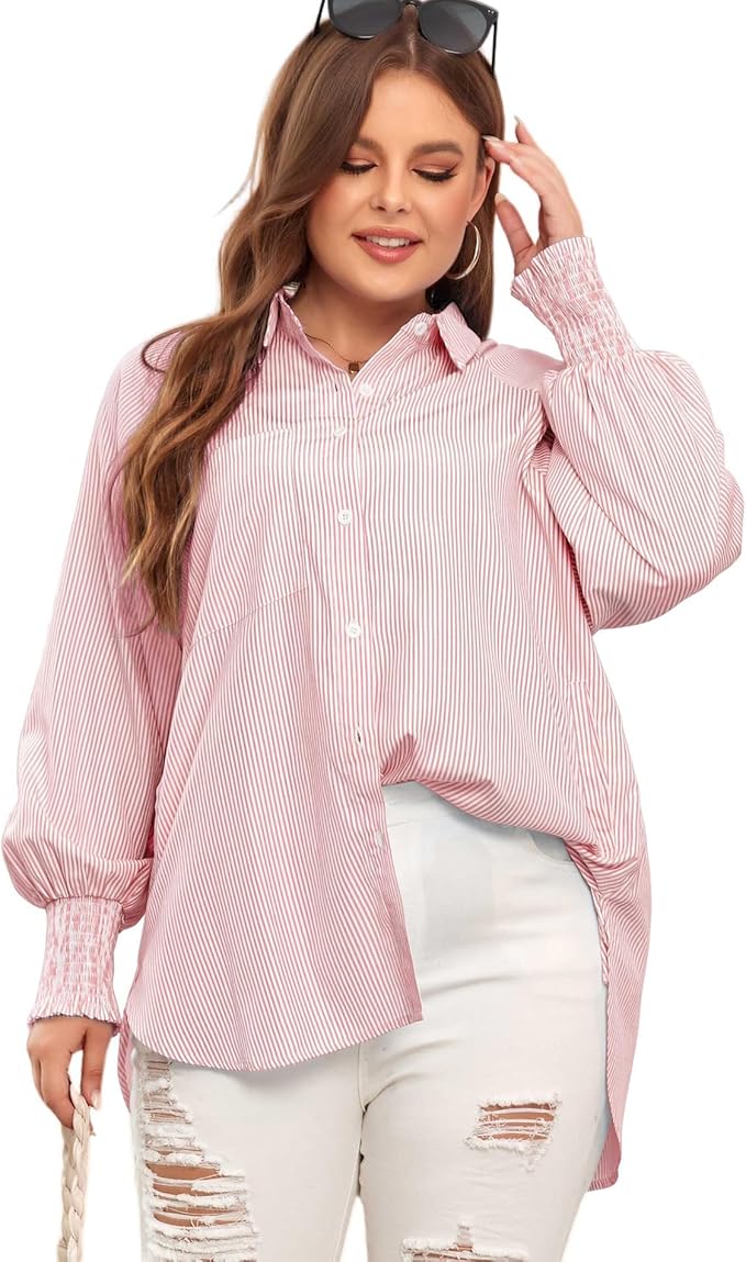 🔥Mid-length smocked shirt with striped lapel and oversized drawdown sleeves