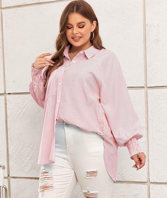 🔥Mid-length smocked shirt with striped lapel and oversized drawdown sleeves