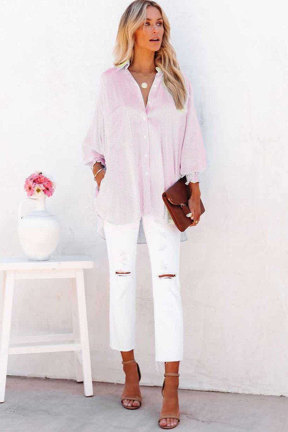 🔥Mid-length smocked shirt with striped lapel and oversized drawdown sleeves