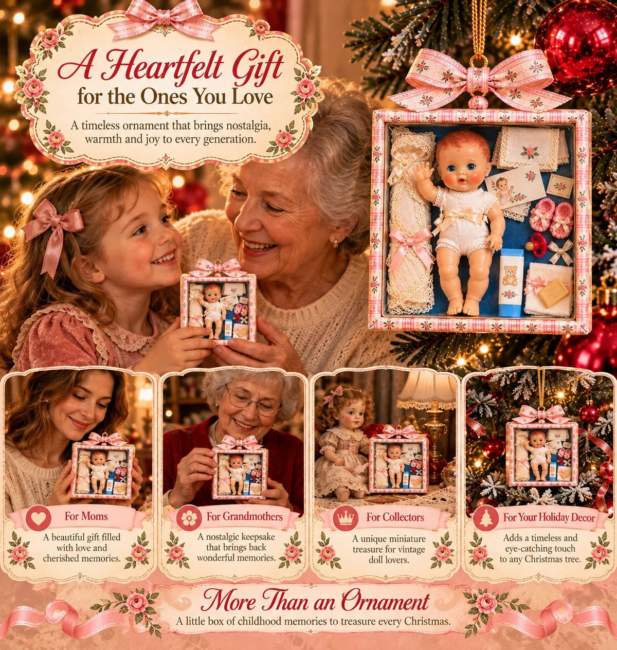 ๐๐Vintage Baby Doll Gift Box Christmas Ornament โ Nostalgic Keepsake | A Heartwarming Christmas Gift for Doll Lovers, Moms & Grandmas.