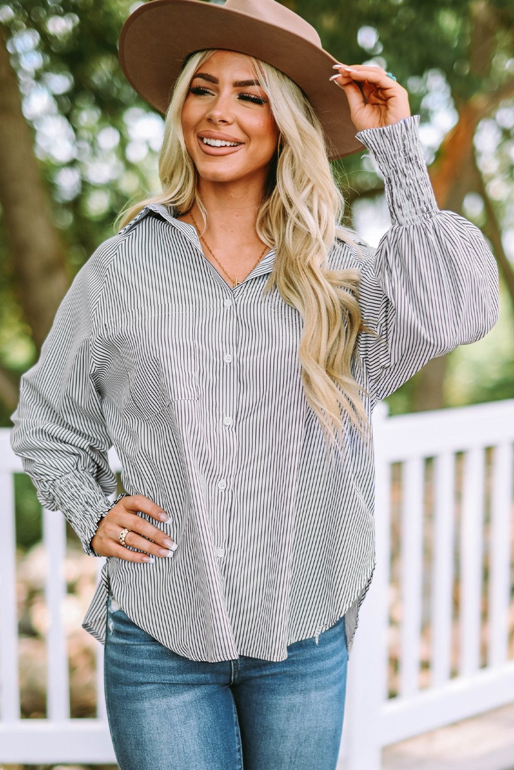 🔥Mid-length smocked shirt with striped lapel and oversized drawdown sleeves