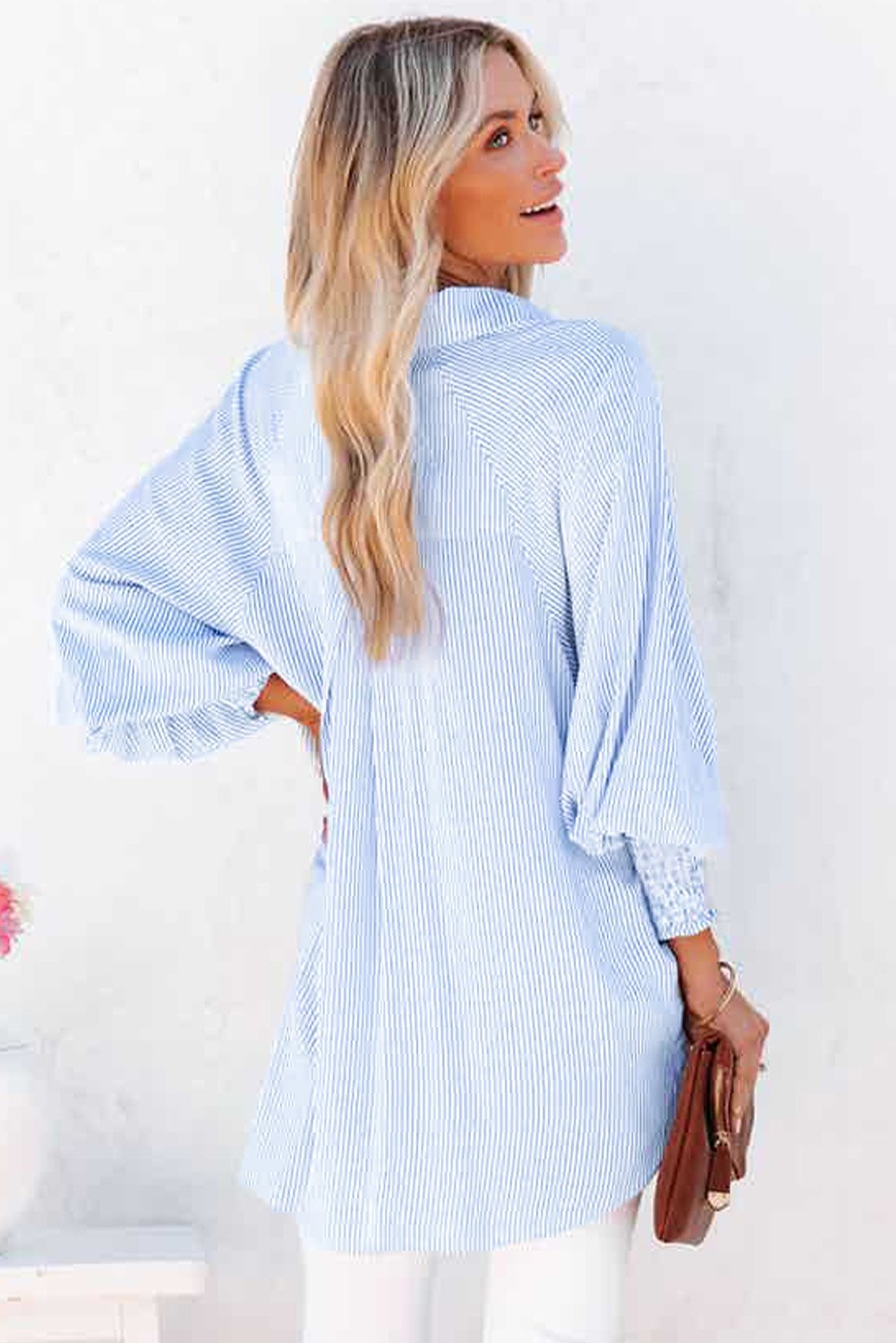 🔥Mid-length smocked shirt with striped lapel and oversized drawdown sleeves
