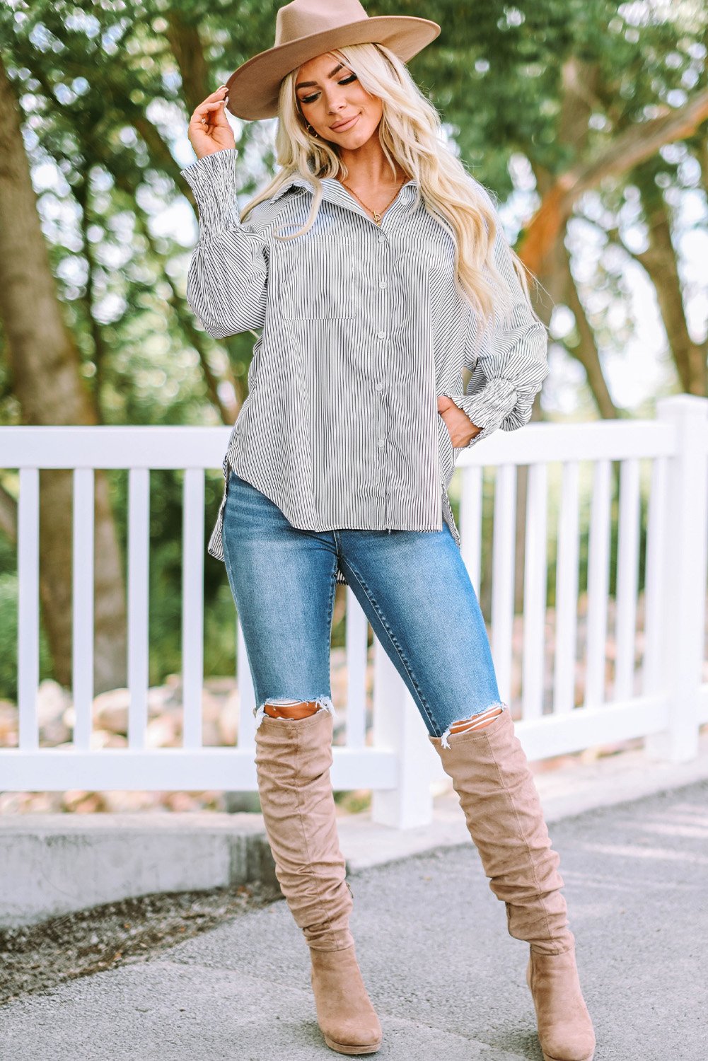 🔥Mid-length smocked shirt with striped lapel and oversized drawdown sleeves
