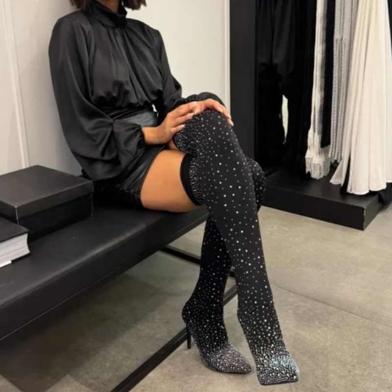 ✨Women's Sparkly Faux Diamond Knee Boots👠
