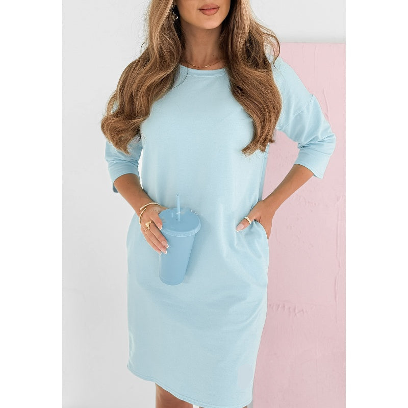 Round Neck 3/4 Sleeve Dress with Pockets