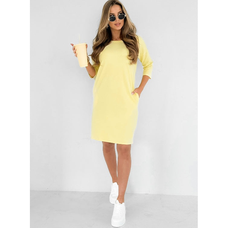Round Neck 3/4 Sleeve Dress with Pockets