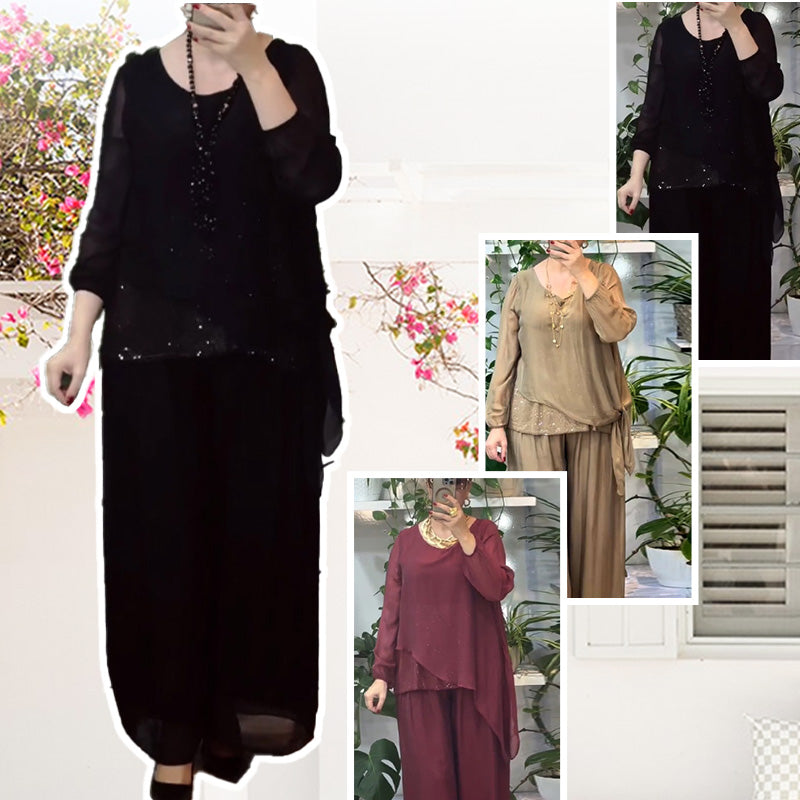 Women's 2-piece sequin blouse and wide-leg pants set