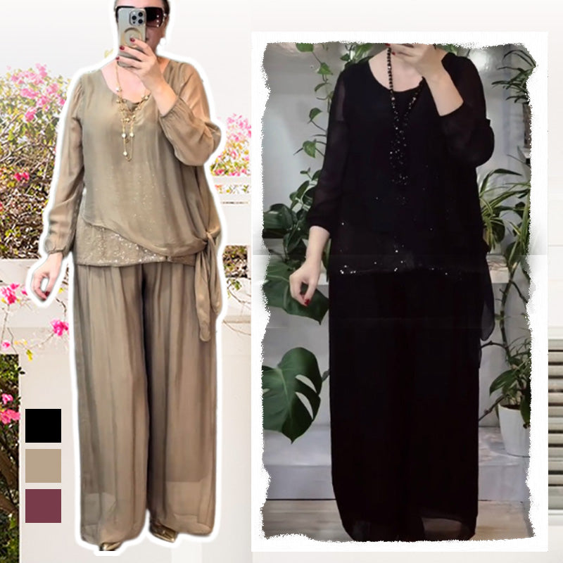 Women's 2-piece sequin blouse and wide-leg pants set