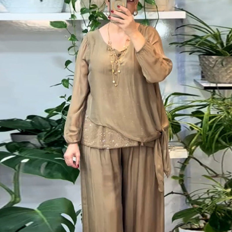 Women's 2-piece sequin blouse and wide-leg pants set