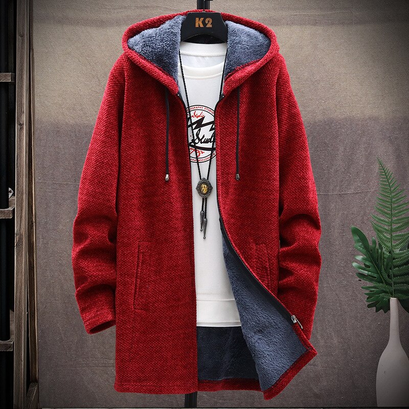 2023 Men Casual Sweaters Jacket Slim Long Thick Warm Hooded Sweater Coat