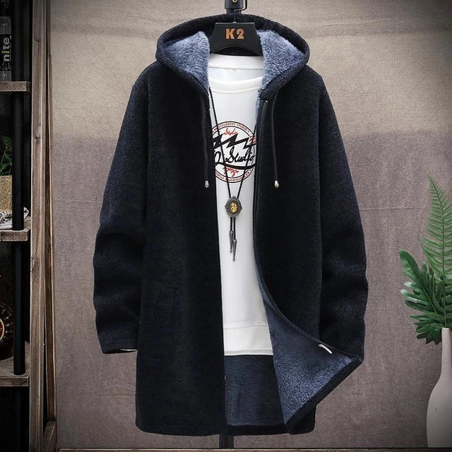 2023 Men Casual Sweaters Jacket Slim Long Thick Warm Hooded Sweater Coat