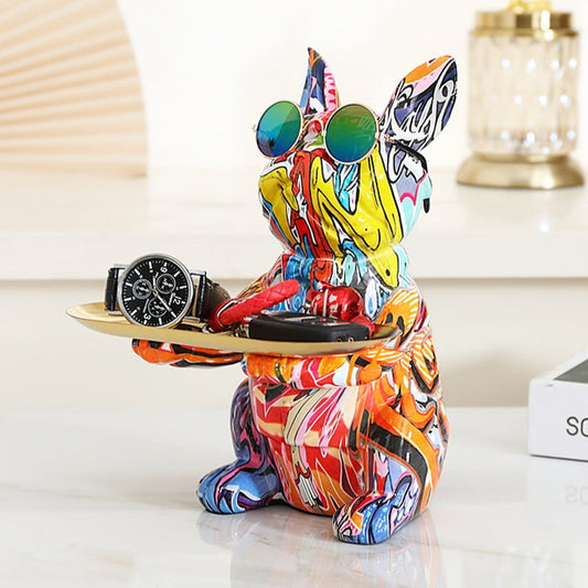 French Bulldog Graffiti Painted Sculpture Table Tray With Piggy Bank
