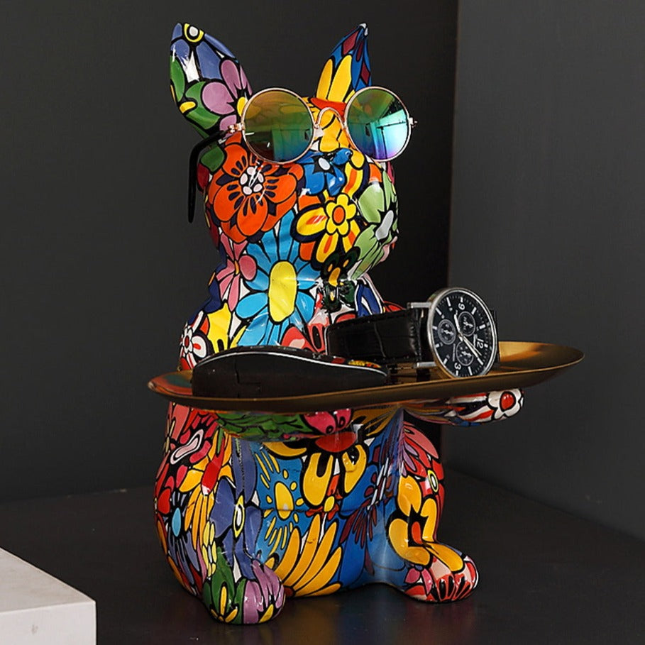French Bulldog Graffiti Painted Sculpture Table Tray With Piggy Bank