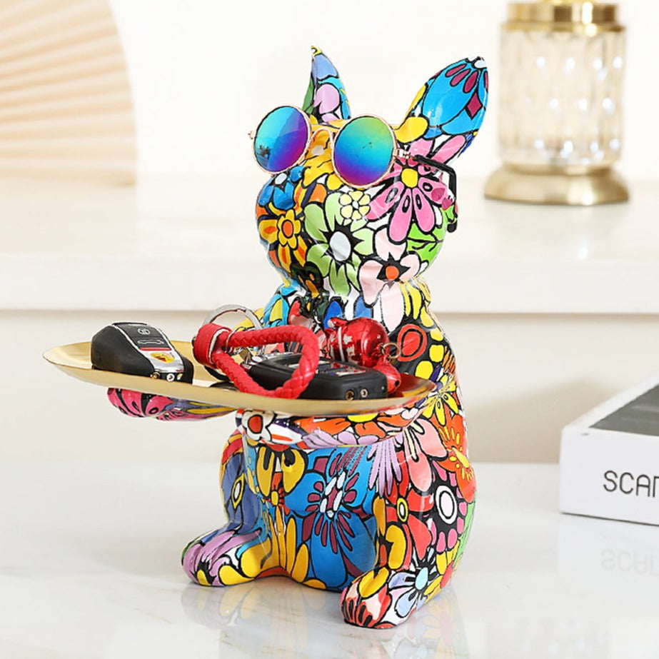 French Bulldog Graffiti Painted Sculpture Table Tray With Piggy Bank