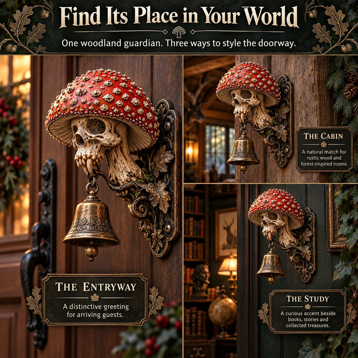 ⏳ Last Day 49% OFF – 🍄 Skullcap Guardian Mushroom Skull Door Bell | Gothic Woodland Décor with Hanging Bell 💀🔔