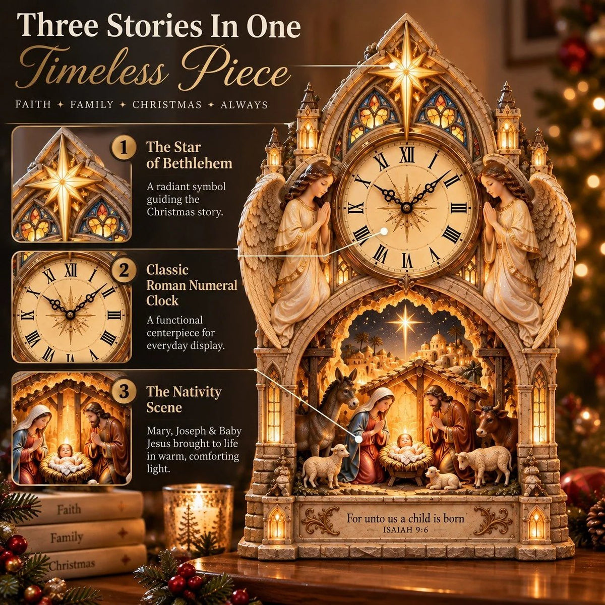 ✝️ Bethlehem Cathedral Nativity Clock | Lighted Christmas Centerpiece