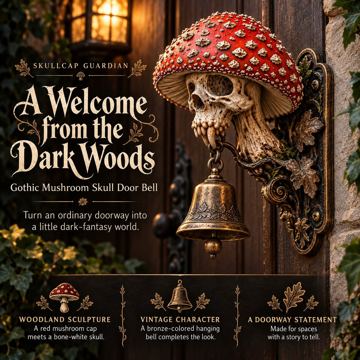 ⏳ Last Day 49% OFF – 🍄 Skullcap Guardian Mushroom Skull Door Bell | Gothic Woodland Décor with Hanging Bell 💀🔔