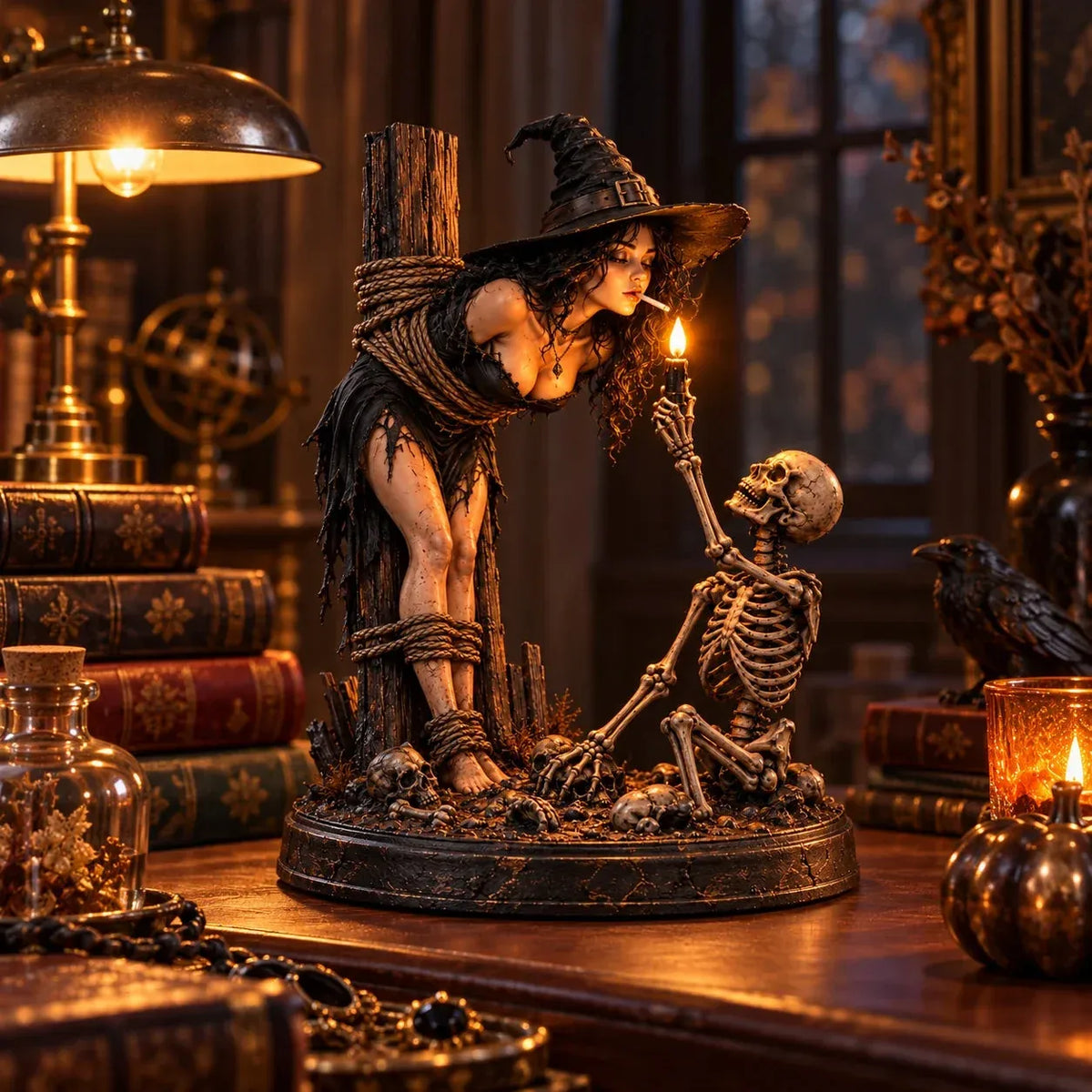 🧙 🔥Witch & Skeleton Candle Scene Figurine – Dark Gothic Halloween Tabletop Decor(✨Buy 2 Free Shipping)