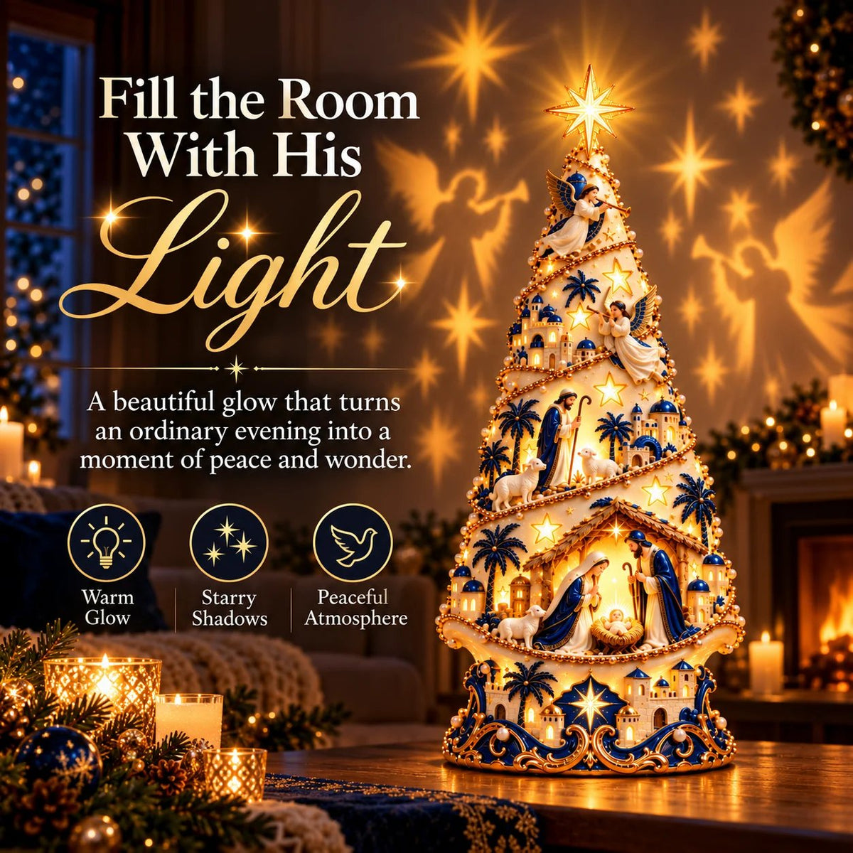 ✨✝️ Bethlehem Nativity Light-Up Christmas Tree – Jesus Shadow Projection Holiday Decor