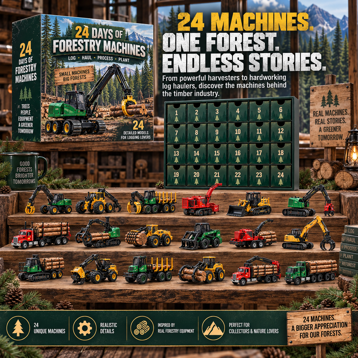 🌲 24 Days of Forestry Machines Advent Calendar – 24 Realistic Logging Equipment Collectibles, Christmas Gift for Loggers & Machinery Lovers