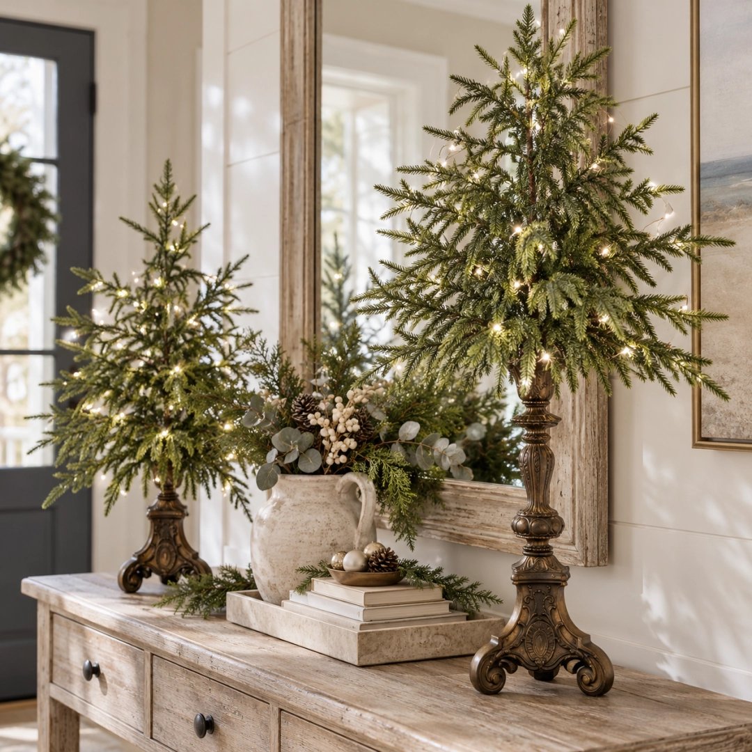 🎄 Vintage Lighted Norfolk Pine Trees | Warm LED Pedestal Decor