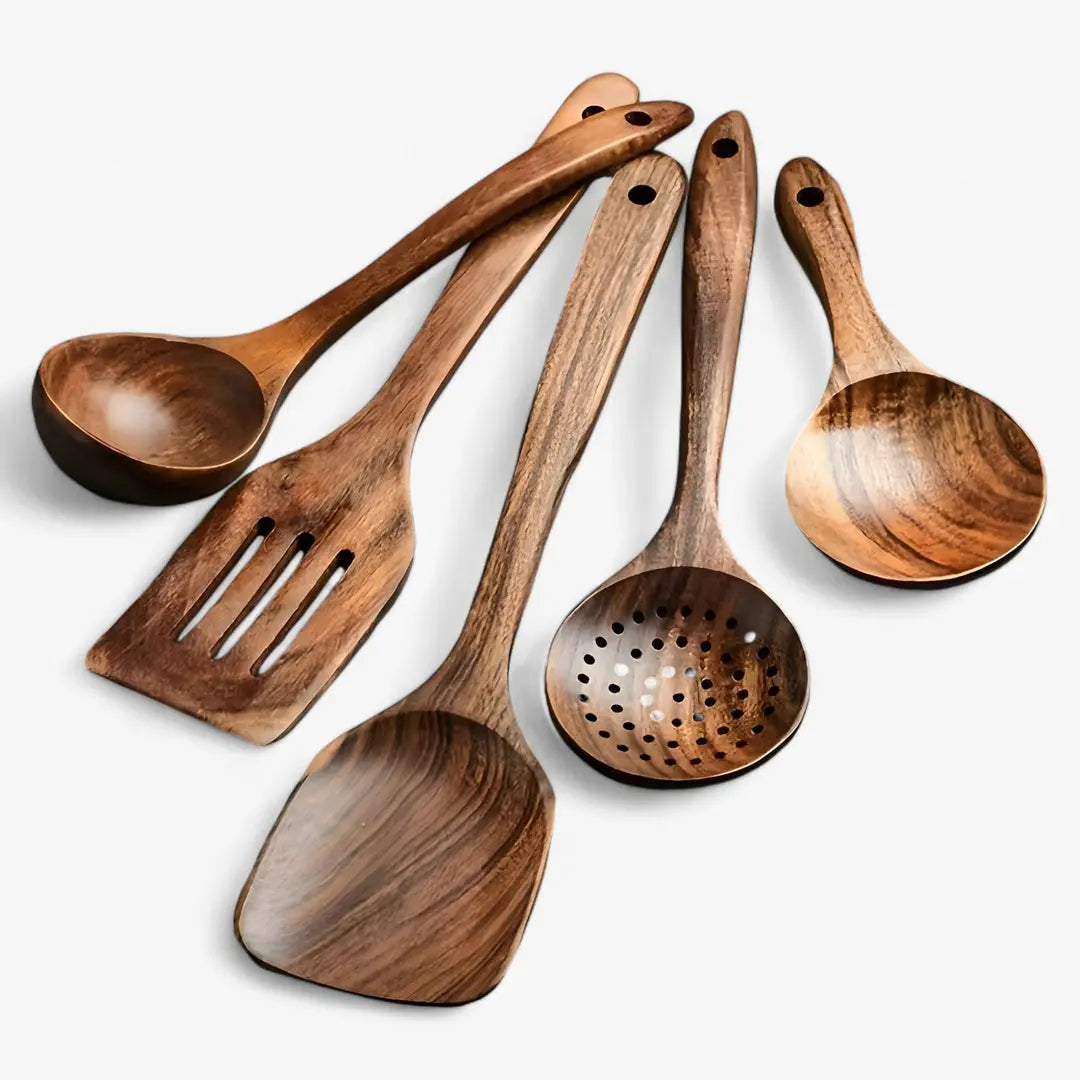 Wooden Kitchenware Set – This 11-piece kitchenware set protects your cookware and makes cooking easy.
