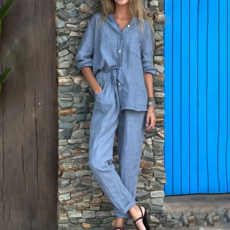 Casual Solid Color Loose Top \u0026 Pants Cotton Linen Two-piece Set