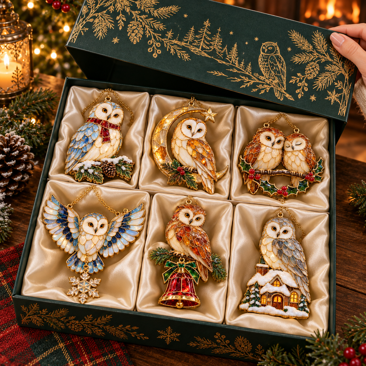 Woodland Christmas Owls – Vintage Stained Glass Style Christmas Ornaments, Set of 6