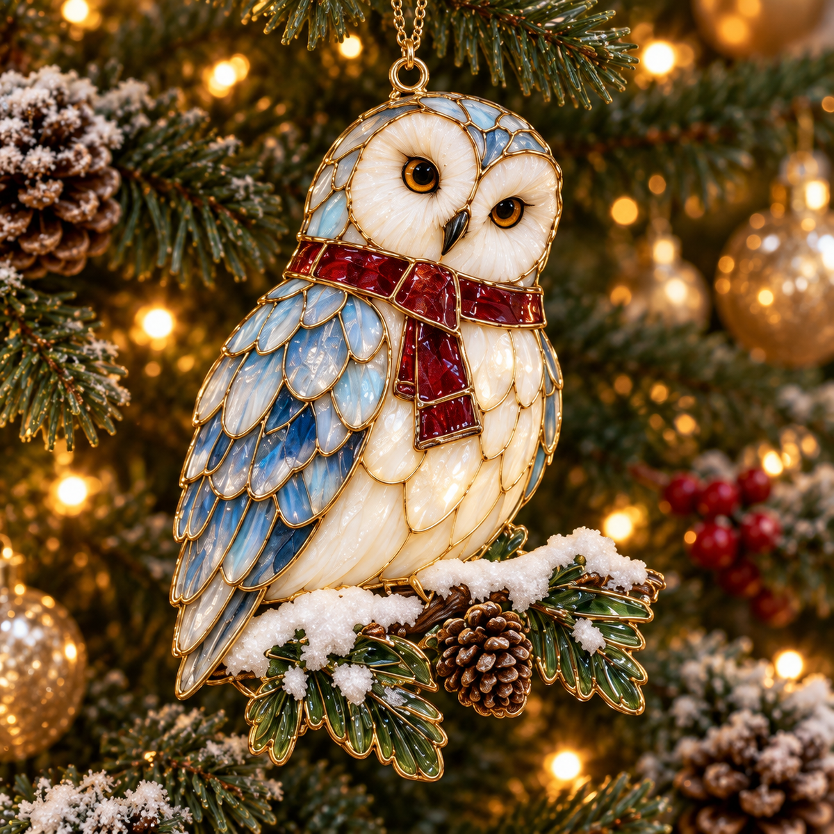 Woodland Christmas Owls – Vintage Stained Glass Style Christmas Ornaments, Set of 6