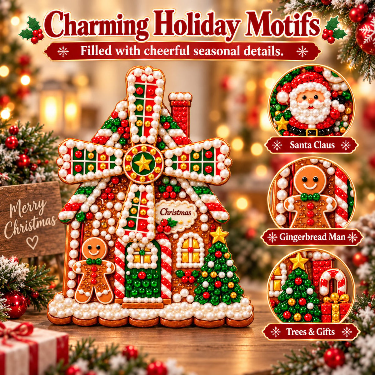 🎄 Wooden Christmas windmill decoration with rotating sails – 4 festive designs