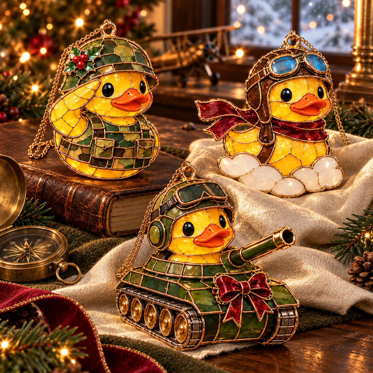 Military Duck Christmas Ornaments – 6-Piece Vintage Stained-Glass Style Gift Set