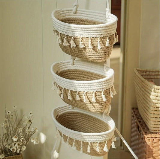 living room bedroom entryway Over The Door Hanging Basket Boho Woven Over-Door Storage Organizer – 3-Tier Cotton Hanging Baskets