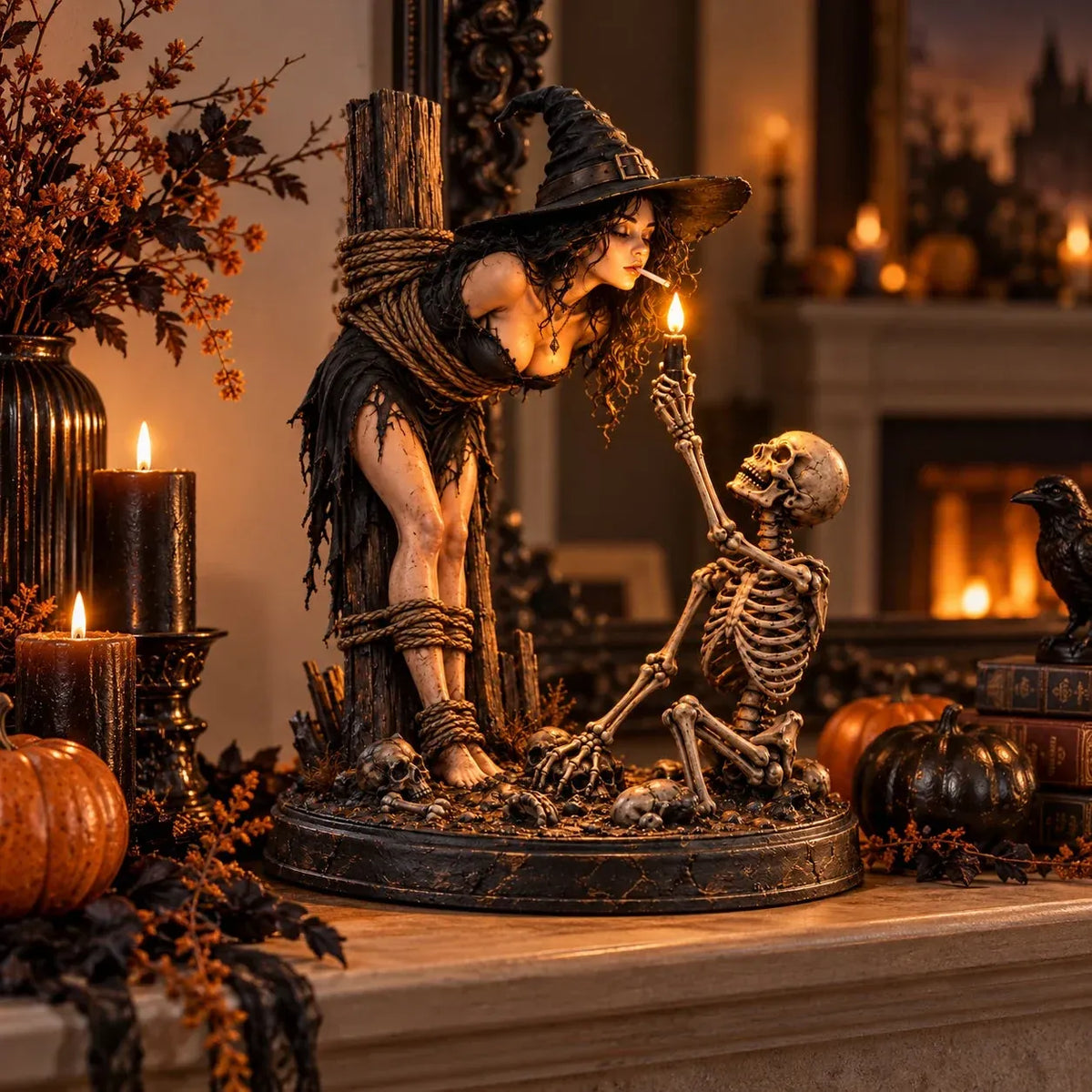 🧙 🔥Witch & Skeleton Candle Scene Figurine – Dark Gothic Halloween Tabletop Decor(✨Buy 2 Free Shipping)
